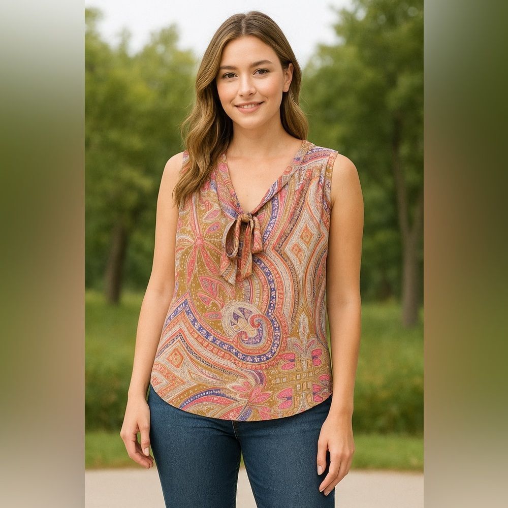 New York & Co Paisley Sleeveless Top with Bow Detail S